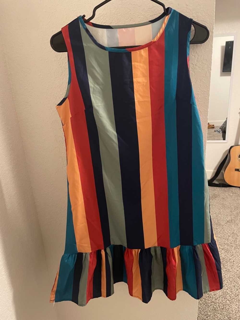 Colorful Vertical Stripe Ruffle-Hem Sleeveless Dress
